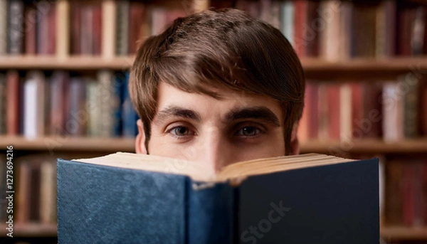 Obraz Junger Mann hinter einem Buch