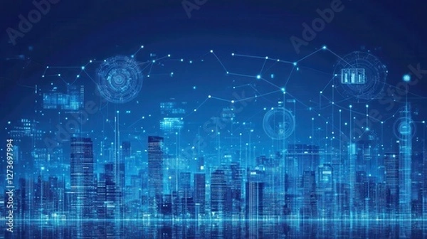 Obraz Futuristic Cityscape Illuminated By Digital Networks And Data