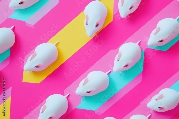 Fototapeta Cute White Mice on Colorful Geometric Background in Bright Colors