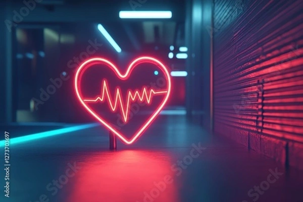 Fototapeta Neon Heart Shape with Heartbeat Pulse in Dark Corridor Setting