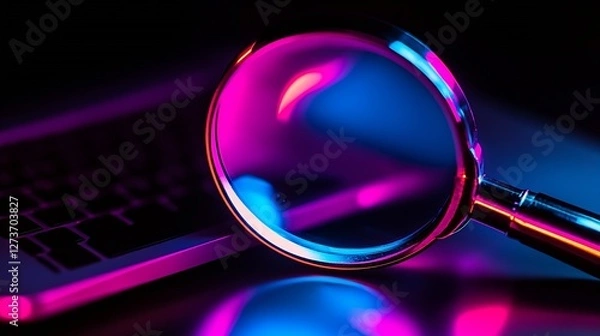 Obraz Stylish magnifying glass displaying neon hues over keyboard : Generative AI