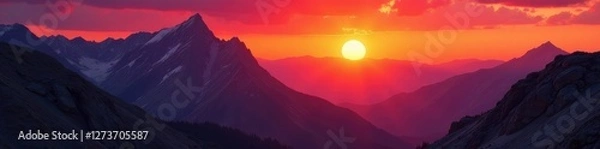 Fototapeta Red and orange sunset behind a rocky mountain range, red, orange, rock formations