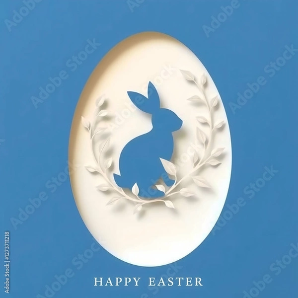 Fototapeta 3d abstract paper cut illustration of colorful paper art easter rabbit, grass, flowers and blue egg shape. Promotion and shopping template for Easte Copy Space