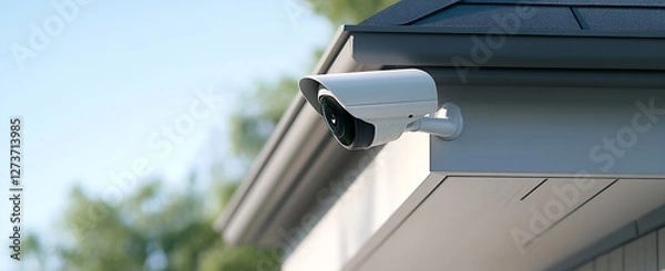 Obraz Advanced security camera mounted on the edge of a home roof for optimal observation : Generative AI