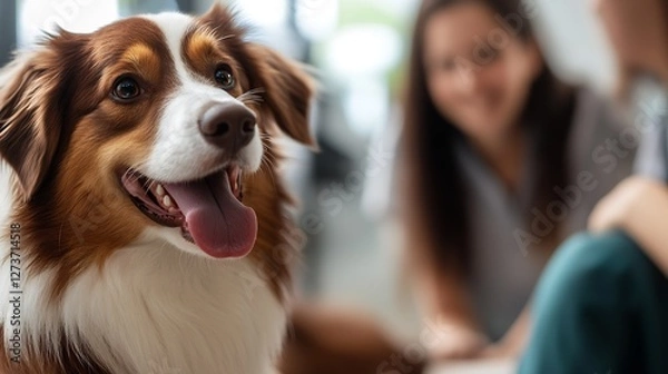 Obraz Australian Shepherd Dog Close Up Smiling Happily at Home with Owners : Generative AI
