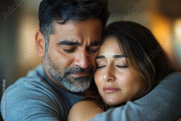 Obraz Loving indian man hugging, comforting and supporting his wife feeling sad and depressed, unhappy couple having relationship trouble