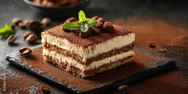 Fototapeta Delicious dessert preparation featuring a chocolate layered cake with coffee beans at a cozy cafe