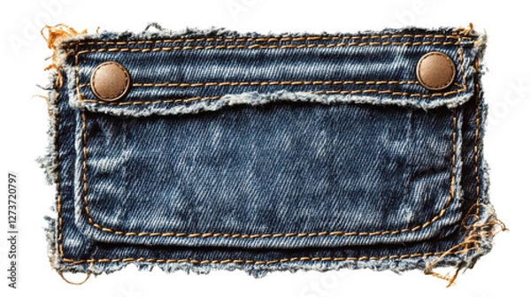 Obraz A worn denim patch featuring two metal buttons and frayed edges, showcasing a textured fabric design.