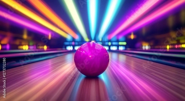 Obraz Magical bowling alley scene with glowing ball and vibrant neon light rays : Generative AI