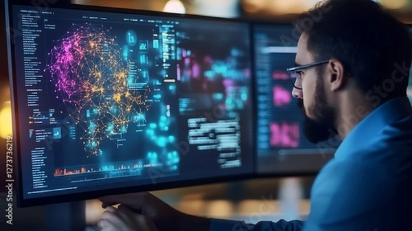 Obraz Network analyst observing digital data flow visualizations showcasing global connectivity and graphs : Generative AI