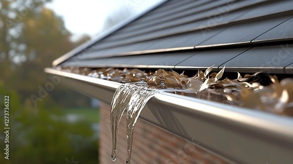Obraz Rainwater flowing from a gutter filled with autumn leaves on a rooftop : Generative AI
