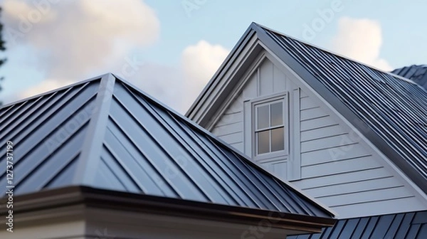 Obraz Stunning Close Up of Modern House Roof with Sleek Metal Design and Beautiful Skylight : Generative AI
