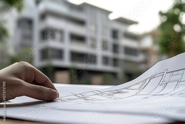 Obraz Close Up of Hand Holding Blueprint with Modern Building in Background for Construction Projects : Generative AI