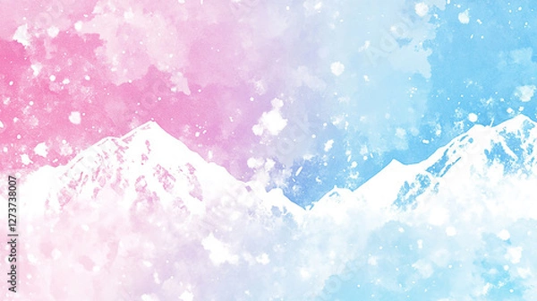 Fototapeta Abstract watercolor landscape featuring pink and blue hues with snow-capped mountains in the background