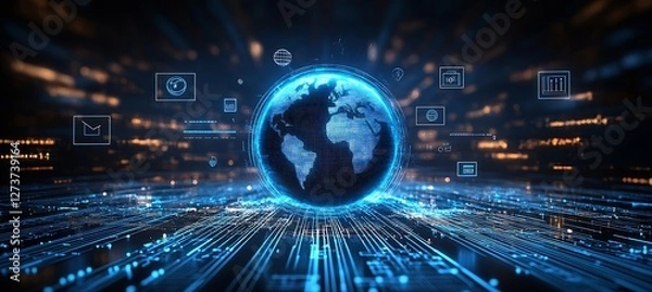 Obraz High-Tech Globe Displaying Data and Connections in a Futuristic Environment : Generative AI