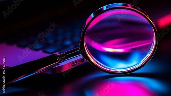 Obraz Artistic View of Magnifying Glass on a Laptop with Vibrant Neon Reflections : Generative AI