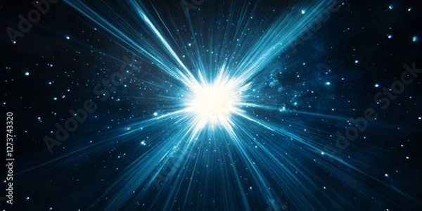 Fototapeta A bright blue light is shining brilliantly in the dark space around