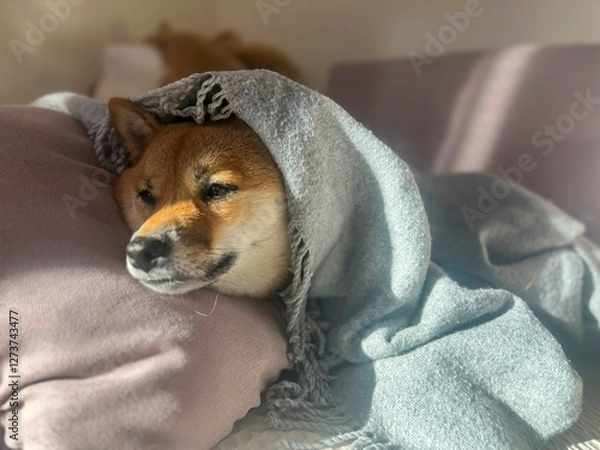 Fototapeta Pensive Shiba Inu with a sorrowful expression, head nestled under a blanket. The mood is reflective and contemplative. High quality close-up photo. copy space available.