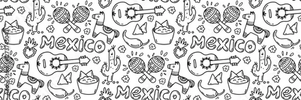 Obraz Mexican culture symbols doodle pattern. Guitar, maracas, cactus, pinata and guacamole. Mexican tradition musical instruments and food. Cinco de Mayo celebration background. Vector outline illustration