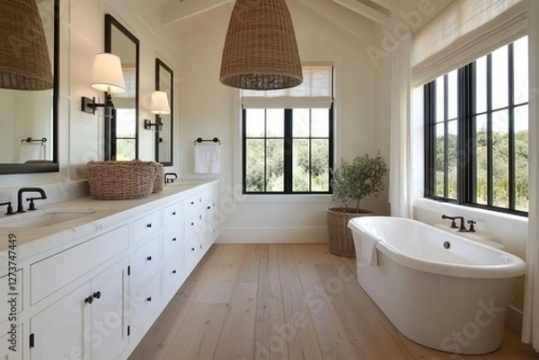 Fototapeta The beautiful bathroom within the luxury home is adorned with a double vanity, bathtub, mirror, sinks, shower, and features hardwood flooring