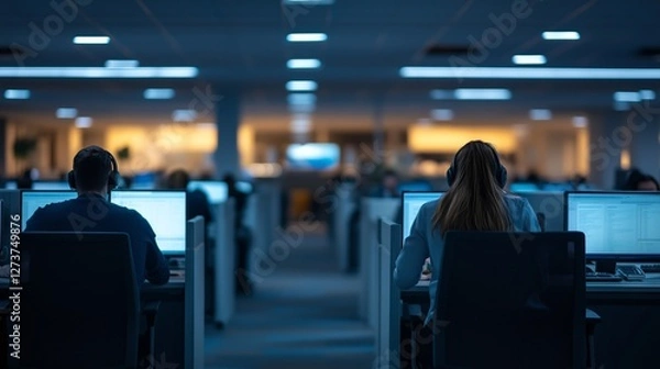 Fototapeta Night call center employees work at computers. AI generated