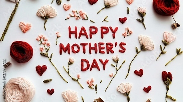 Fototapeta Happy Mother's day Embroidery floral art needle work with red pink and green threads wishing and greeting card 