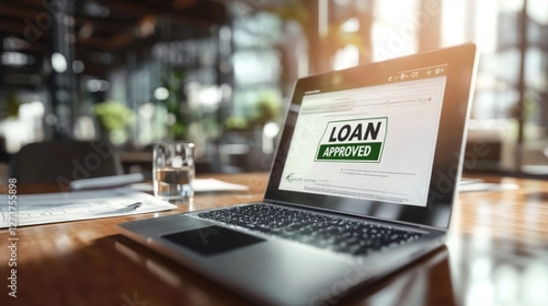 Fototapeta Loan application approval displayed on laptop screen in a bright and professional workspace