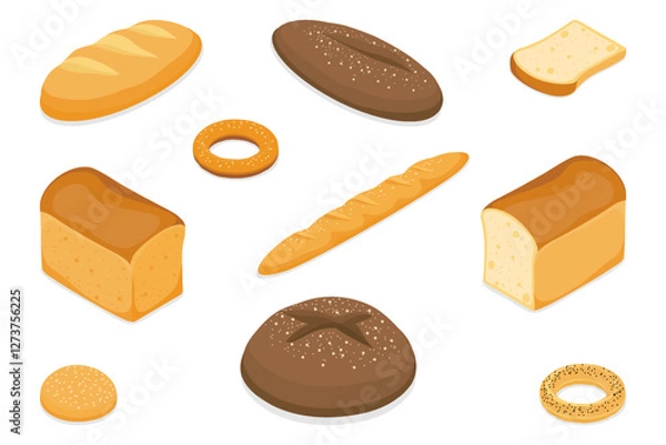 Fototapeta Set of  bread illustrations: rye, wheat, whole grain, sliced bread, bagel, french baguette, bun. Isometric flat vector isolated on white background