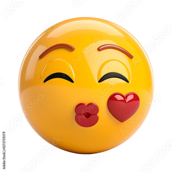 Fototapeta An emoji with closed eyes blowing a kiss, sending a red heart on the side