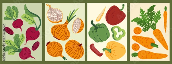 Fototapeta Set of abstract art posters in vegetables. Hand drawn red, green and yellow peppers, carrots, beet and onions. Vector illustration for postcard, brochure, cover.
