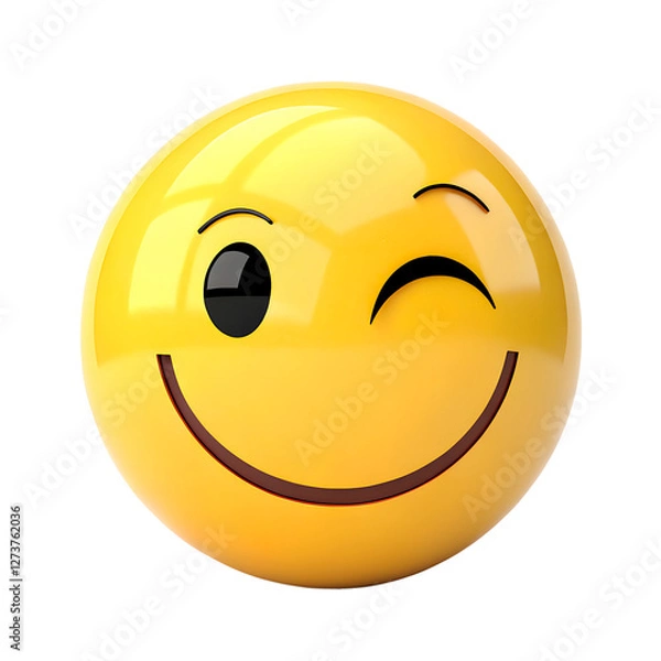 Fototapeta A vibrant emoji with a broad smile and one eye narrowed in a wink, as if sending a cheeky signal. Its glossy surface reflects light, underscoring a carefree vibe
