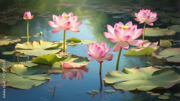 Fototapeta Beautiful lotus flower blossoming in the garden pond following a soothing rainfall