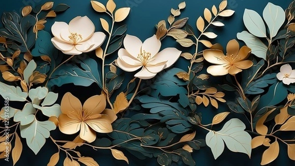 Fototapeta Elegant Green Summer Background with Golden Metallic Wall Art - Vector Design