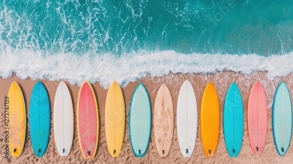 Fototapeta Colorful Surfboards Lined on Sandy Beach with Gentle Waves and Clear Blue Water in Bright Sunshine
