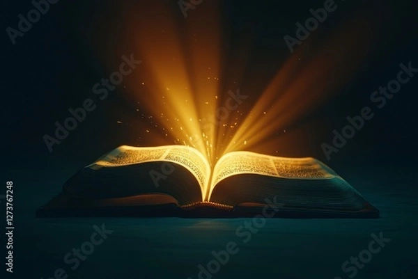 Fototapeta An open book aglow with an intense ray of light on a dark canvas, representing the pursuit of wisdom and enlightenment