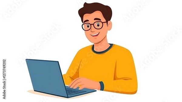 Fototapeta Smiling man types on laptop. Use Website header. Background isolated white