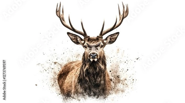 Fototapeta Majestic deer portrait captured in a warm earth toned watercolor painting  The delicate brush strokes beautifully depict the gentle creature s elegant antlers and soft alluring fur