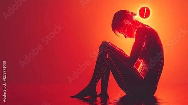 Fototapeta Abstract illustration of a person holding their lower back in pain, body positioned in profile with no visible face, red warning symbol above the person back, sharp, angular lines to represent