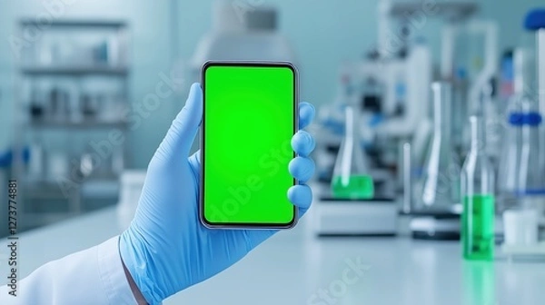 Fototapeta Scientist Holding Smartphone with Green Screen in Laboratory, Medical Research and Technology Concept