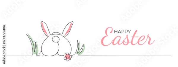 Obraz One continuous line drawing of rabbit in grass. Happy Easter banner. Editable stroke, simple, doodle design, vector illustration
