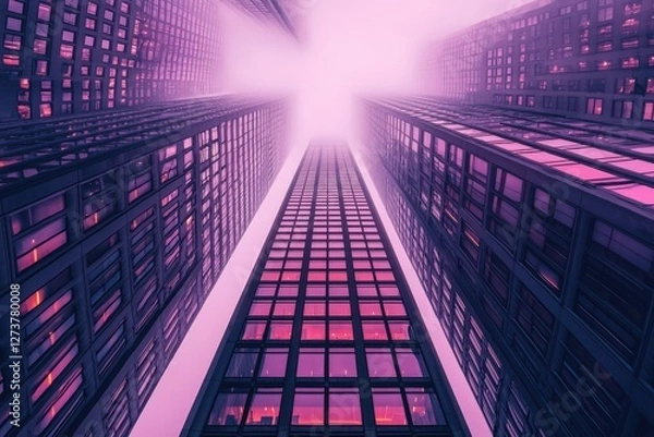 Fototapeta Tall modern building featuring numerous set against a beautiful pink sky