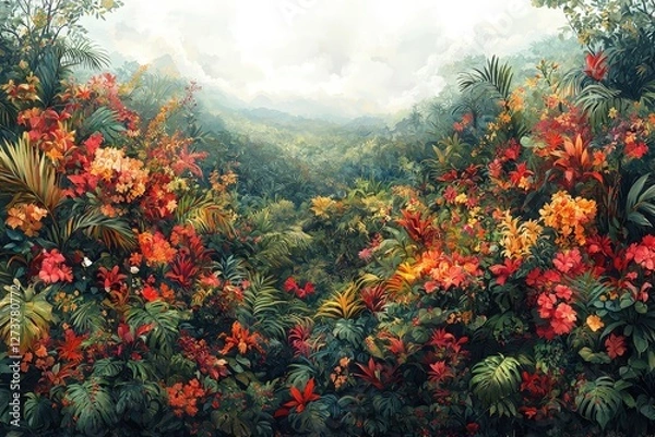 Fototapeta Vibrant painting of a tropical forest filled with colorful flowers and lush greenery