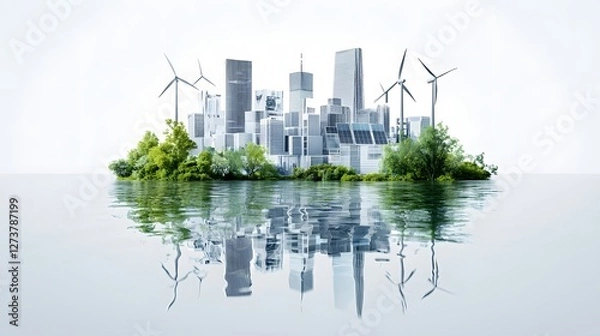 Fototapeta Eco Conscious Futuristic City with Wind Turbines and Solar Panels Integrated into Modern Urban Design Floating Above a Natural Environment with Tranquil Water Reflection