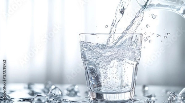 Fototapeta An action shot of water being poured from a jug into a glass, with splashes and reflections captured in the motion, against a bright, airy background.