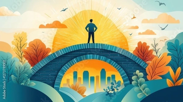 Fototapeta Man Standing on Bridge at Sunrise Symbolizing Career Transition with Urban Landscape and Nature Elements