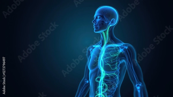 Fototapeta Illustration of a human body with highlighted nerves focused on the neck region, likely showcasing VNS or vagus nerve stimulation for medical purposes.