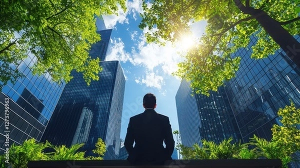 Fototapeta Professional Individual Standing in Front of a Modern Office Building Surrounded by Lush Greenery Under Bright Blue Sky