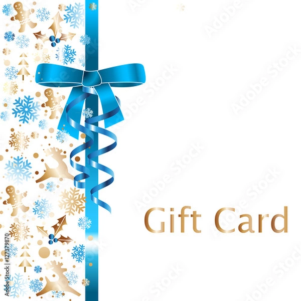 Obraz Festive gift voucher with winter elements in blue and gold