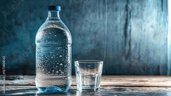 Obraz A refreshing scene of a large bottle of water with condensation on the surface, placed on a wooden table with a glass ready to be filled.
