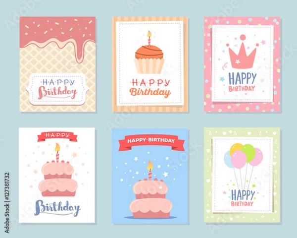 Obraz Vector set of colorful illustration. Happy birthday template pos